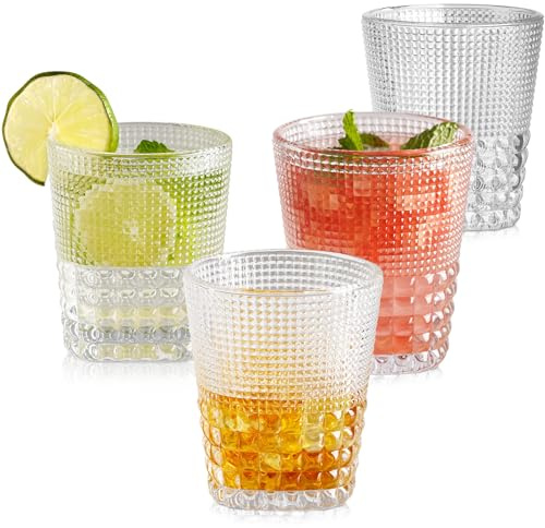 TKNO Lot de 4 verres à eau en relief de 309 ml pour gin, whisky, lait, jus, cocktail, boissons à bulles vintage, parfaits pour la maison, les restaurants, les événements et les fêtes