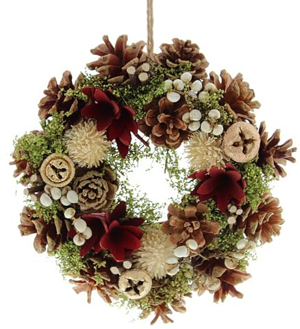 Festive Productions 18cm Green Christmas Wreath – Red Flowers, Natural Pinecones and Gold Bells - Christmas Decoration, Perfect for Doors, Christmas Trees and Home - Decorative Wreath