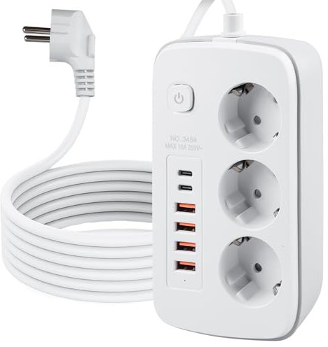 Presa a scomparsa a 3 scomparti, ciabatta con 4 USB, presa da tavolo con 2 USB C, presa da incasso multipla con interruttore per tavolo da scrivania, cavo da 2 m, bianco