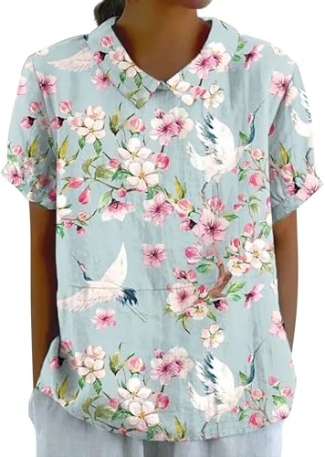 Qixiu Camiseta Holgada con Botones y Cuello Floral con Solapa Lino para Mujer Camiseta Manga Larga Mujer Pack