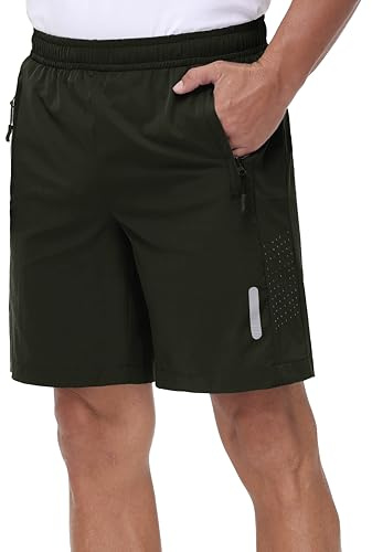 Rvinroo Sportshorts för män 8 tum med blixtlåsficka - snabbtorkande tekniskt tyg för löpning, gym, avslappnad promenad och lätt basket - ventilerande träningsshorts, Armégrön, L