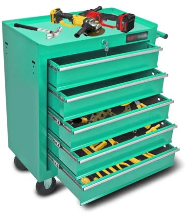 XUJUAN-0227 Werkzeugbox Werkzeugkasten Werkzeugschränke mit 5 Schubladen auf Rollen, rollende Werkzeugkiste mit Schubladen, Werkzeugkasten mit Schlüsselschließsystem, Werkstatt Werkzeugkoffer(Green)