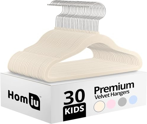 Homiu Lot de 30 cintres antidérapants en velours pour enfants | Cintres ultra fins et peu encombrants en velours pour bébés | Crochet rotatif à 360 degrés, cintres robustes pour vêtements de bébé