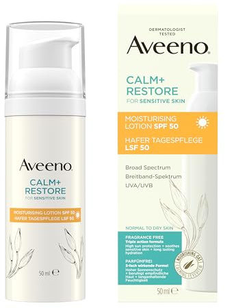 Aveeno CALM+RESTORE Hafer Tagespflege LSF 50, 50 ml | Gesichtscreme mit UVA/UVB Schutz, beruhigt empfindliche Haut, langanhaltende Feuchtigkeit, hoher Sonnenschutz, parfümfrei