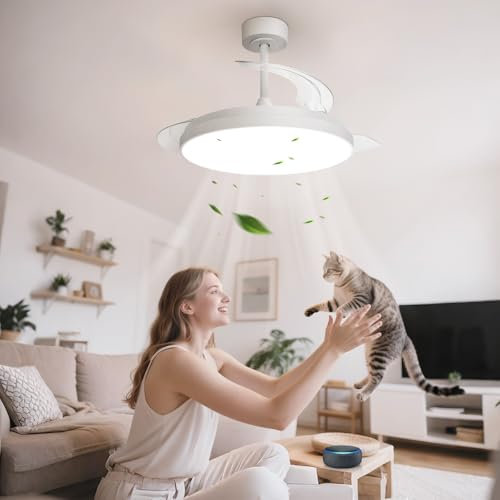 Aigostar Mesh - Ventilador de Techo con luz Inteligente con Aspas Retráctiles, LED 50W + DC 28W - APP/Mando, CCT Regulable 2700K-6500K, Silencioso, Temporizador, Función Invierno/Verano (106cm)