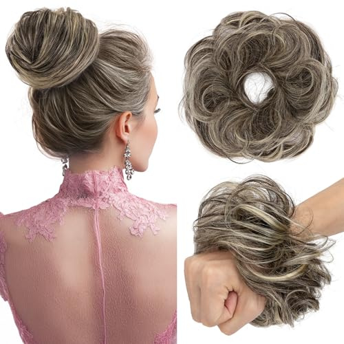 TESS Haarteil mit Gummiband Echthaar 23g, Glatte Dutt Haarteil Haargummi mit Haaren Hochsteckfrisuren Haarverlängerung Messy Bun Haarteile für Damen Naturschwarz/Lichtblond
