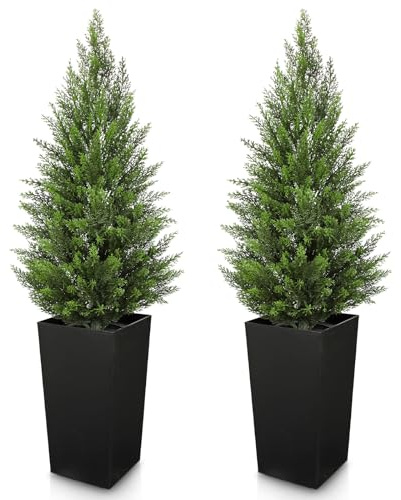 Hollyone 2PCS Artificial Cypress Trees, 4FT Fake Topiary Trees with Tall Black Pots, Decorative Faux Topiaries for Indoor&Outdoor Home Decor Garden Balcony Patio Entryway