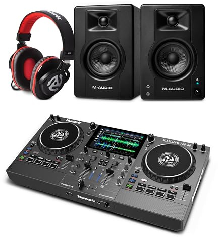 Numark Mixstream Pro Go DJ Controller and M-AUDIO BX4 Pair Bluetooth Studio Monitors with Headphones for Studio Recording, Music Production, Podcasting, Streaming