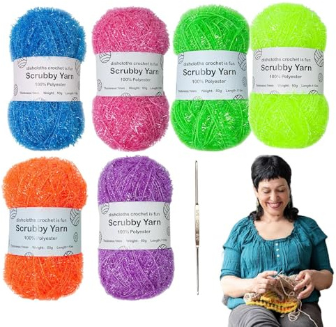 6 Skeins Sparkles Scrubby Ya-rn, Scrubby Yar-n, Cotton Yarn, Assortment Pastel Y-arn, Rainbow SparklyYarn, for Crocheting Knitting Dishcloths Washcloths Home Decor, Polyester DishclothYarn