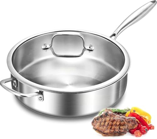 DELARLOCHEF Edelstahlpfanne Unbeschichtet 30 cm, Höhe 8 cm, 3-Schicht Edelstahl Bratpfanne mit Deckel, Ohne PTFE und PFOA，Kompatibel mit allen Herdarten