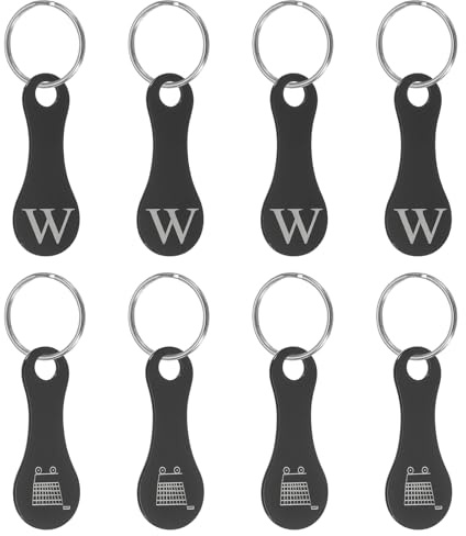 PATIKIL 8 Pcs Stainless Steel Shopping Trolley Token, Metal Quarter Holder Keychain Bulk Shopping Key Ring for Supermarket Shops, Black, Engraved Letter W & Pattern Grocery Cart