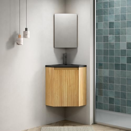 ZHOMGG 55 cm mobile bagno, mobile ad angolo con lavabo in resina nera opaca, design triangolare, sistema ammortizzato, colore rovere, 55 cm
