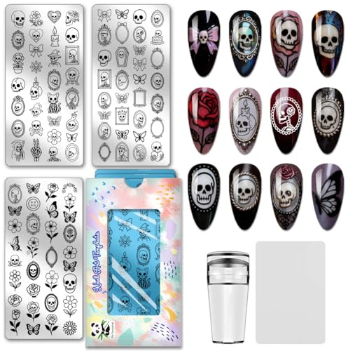 PH PandaHall 3pcs Plaque de Stamping pour Ongles Motif Crâne Gothique Pochoirs pour Nail Art Cadre Photo Squelette Gabarits Modèles de Nail Art Bougies Toiles D'Araignée Kit de Stamping pour Ongles