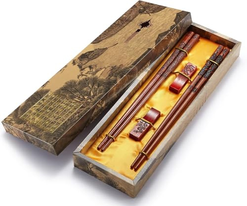 Rolcheleego Chopsticks Reusable- Chinese Style, Wooden Dragon and Phoenix Chopsticks with Holder and Carrying Bag, Chinese Gift Set Chopstick Set (2 Pairs)