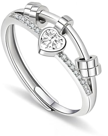 GAZIL Justerbar Dubbellagers Fidget Ring, Silver Ångestring för Kvinnor med Cubic Zirconia,Alla hjärtans dag Roterbar Stressavlastningsring, Smycke-present för Tjejer och Kvinnor (Vit)