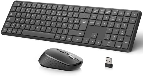 OMOTON Ensemble Clavier et Souris sans Fil AZERTY 2.4GHz pour Windows | Clavier pleine taille avec pavé numérique, Touches Ciseaux, Silencieux, Récepteur 2-en-1, 3 DPI Maus, Bureau