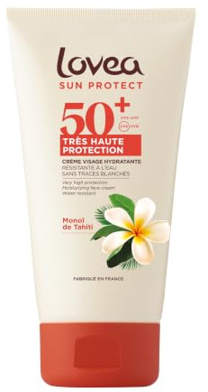 LOVEA - Crème Visage Hydratante FPS 50+ Très Haute Protection Solaire UVA-UVB - Monoï de Tahiti - Visage - Résiste à l'eau - Anti-Traces Blanches - Testé Dermatologiquement - Fabriqué en France 50ml