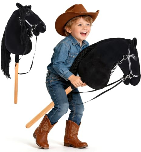 Arkyomi Plush Hobby Horse Stick Toy for Kids, 40cm Wooden Handle(Black) | Soft Velvet Plush, Solid Wood Stick, Realistic Bridle, For Kids 3–12, Pretend Cowboy Play, Indoor & Outdoor