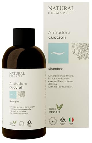Natural Derma Pet Shampoo per Cani Cuccioli Antiodore Delicato da 200 ml | Elimina i Cattivi Odori – Detersione Delicata con Estratto di Camomilla e Proteine del Riso – Made in Italy – 100% Vegan