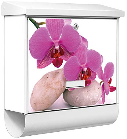banjado® Burgwächter Briefkasten Weiß 38x39x12cm mit Motiv Orchidee/Briefkasten mit Zeitungsfach/Briefkasten mit Zeitungsrolle/Postkasten inkl. Montagematerial & 2 Schlüsseln