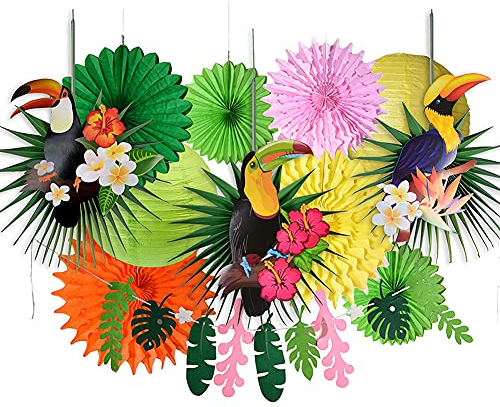 Tropical Bird Toucan Leaf Garland Party Kit for Summer Hawaiian Luau Tiki Tropical Jungle Themed Party Decorations Luau Party Supplies Decor with Paper Palm Leaves Paper Fan Paper Lanterns