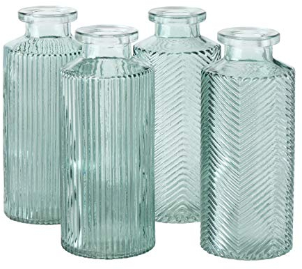 Vasen Deko 4er Set 4 Stück aus Glas in Flaschenform mit der Farbe Salbeigrün
