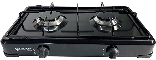 GARDINGER Campingkocher Duo base schwarz zweiflammig Propankocher Gaskocher Set mit Gasschlauch und Druckregler (ohne Deckel)