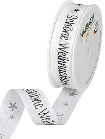 Halbach Weihnachtsband Schöne Weihnachten, 25 mm x 18 m, weiß/schwarz | Waschbares Schleifenband in Baumwolloptik, Made in Germany, zum Verpacken und Dekorieren von Weihnachtsgeschenken