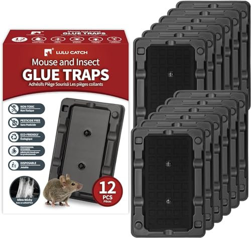 LULUCATCH Set med 12 tunga självhäftande musfällor och insektsfällor med giftfritt lim för små möss och insekter - klibbiga musfällor inuti, lätta att installera, utan fara