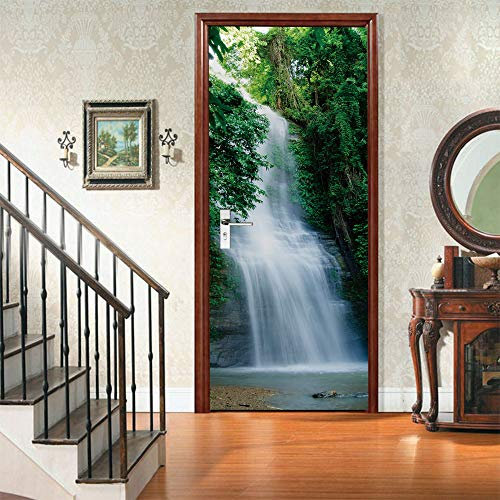 Adesivo Per Porte 3D Per Porte Interne Foresta e cascata Alla Moda Fotomurali Autoadesivi Per Porte In Vinile, Carta Da Parati Soggiorno Cucina Camerette Art Applique L77 x A200cm