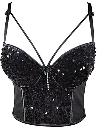VEENDEO Women's Cross Cut Sequin Bustier Crop Top Bra Vest Caged Cropped Top Detachable Straps