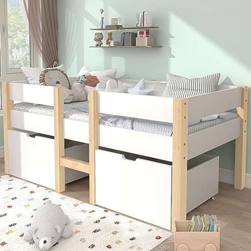 Sweiko Bett 90x190 cm, Weiß KinderbettEs gibt Zwei Schubladen, Kids Bed Kiefer-Massivholz Haus Bett mit Rausfallschutz for Kids, ohne Matratze