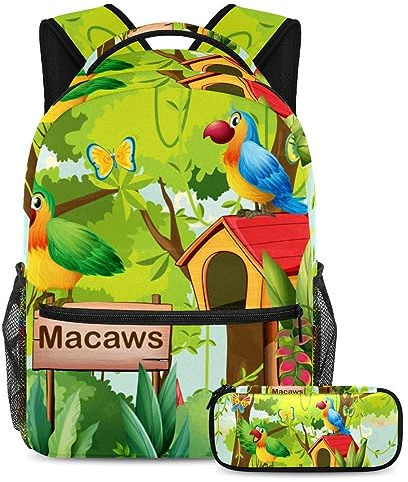 VAPOKF School Bag Set for Teen Girls Boys, Student Bookbag Backpack Rucksack with Pencil Case for School - Forest with Macaws Signboard Mailbox