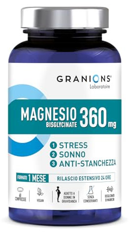 MAGNESIO BISGLICINATO 360 MG - Integratori Stanchezza Magnesio - Magnesio Bisglicinato Capsule - Magnesio Donna - Magnesio Glicinato - Vitamina B6, Antistress - Magnesio compresse 60 - GRANIONS