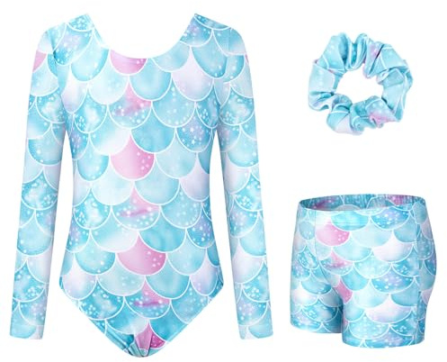 JiAmy Gymnastikanzug Mädchen, Turnanzug Turnshorts Haarband Set Turnanzug Leotard Set für 3-12 Jahre