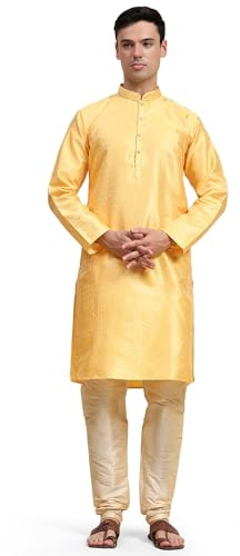 SKAVIJ Herren Indische Ethnischen Geknöpft Kurta Pyjama Set Gold L