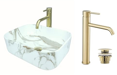 GTM Design Aufsatzwaschbecken Glanz Set mit Waschtischbatterie und Stopfen - Aufsatzwaschbecken Oval für Badezimmer - Modern Waschbecken ohne Hahnloch - Waschbecken mit Armature - Modell 1