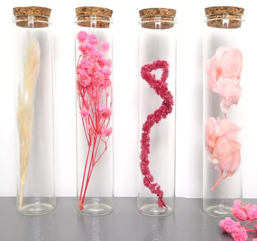 LHOEST 4 Stück Boho Deko Reagenzgläser für Blumen 4×15.5cm, Bunt Trockenblumen Deko Reagenzglas mit Korken, DIY Trockenblumen Klein Reagenzglas mit Korken Glas, für Tisch Fensterbank Deko