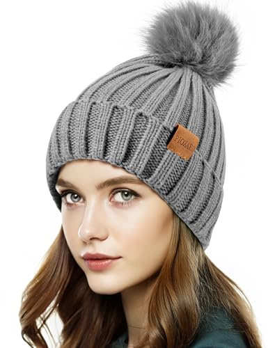 PIOZAED Womens Winter Beanie Hut Fleece gefüttert warme Schädelmütze mit Kunstpelz Pom Manschette gestrickte Mütze für Frauen