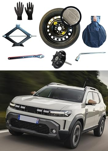 Kit Roue de secours 17 compatible avec Dacia Duster avec Cric, Clé, Vis, Gants et Sac 135/80R17