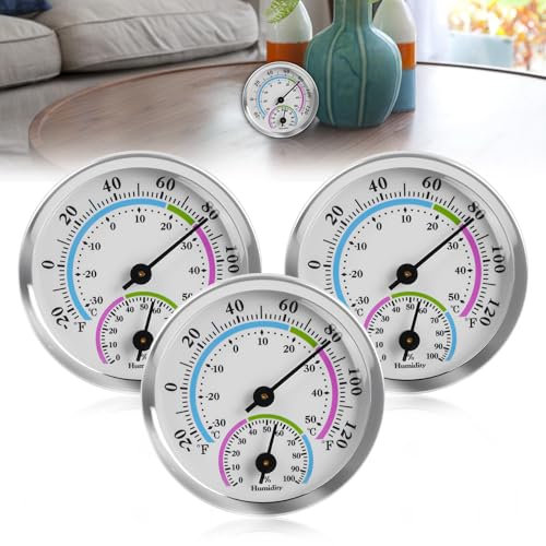 3 Stück Thermometer Innen Aussen, Präzisions Analoges Thermo-Hygrometer, 5,8 cm Mini Wandmontiertes Zimmerthermometer & Hydrometer für Häuser Gewächshäuser Auto Raumklimakontrolle Batteriefrei