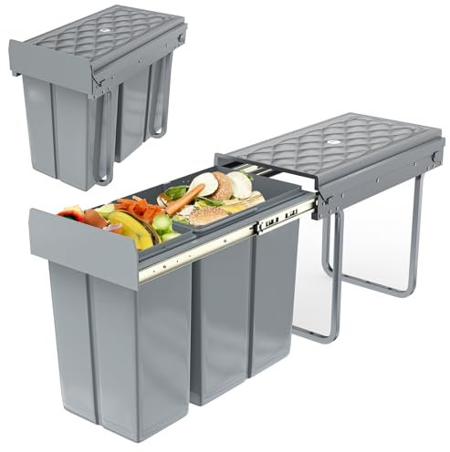 UISEBRT Poubelle de cuisine, encastrable, extensible, système de tri sélectif, avec toboggan, en plastique, gris, 1 x 20 l + 1 x 10 l