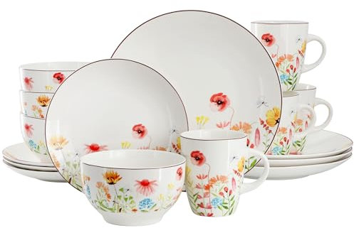 Elama Wildflower Meadow 16 Piece Porcelain Dinnerwar/Tableware Set, Service for 4 (Wildflower Meadow)