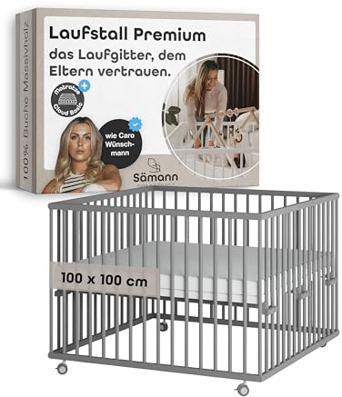 Sämann Laufstall Baby mit Matratze Cloud Air & Lattenrost | stufenlos höhenverstellbar | Laufgitter Premium | Babybett aus Holz | Krabbelgitter (grau, 100x100 cm)