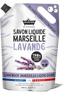 Recharge Savon Liquide de Marseille Lavande 900ml Les Petits Bains de Provence - Savon liquide naturel, +98% ingrédients d'origine naturelle, pour mains et corps, recyclable