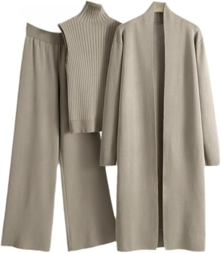 WANAHTON Damen 3 Stück Strickanzug mit Strickhose Pullover und damen-strickjacke outfit damen set elegant，strickhose cozy knit set 3-teilig ，lounge wear women set