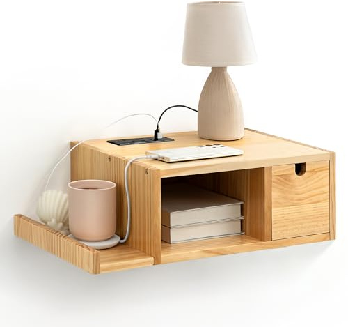 Afuly Floating Bedside Table with Charging Station, Modern Solid Wooden Nightstand with Drawers, Wall Mounted 30cm Wide Bedside Organizer for Bedroom