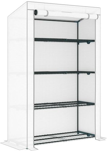 Outsunny 4 Tier Lean-to Mini Greenhouse with Reinforced PE Cover, Portable Small Greenhouse with Roll-Up Door, Grey Hemmed Edging, 110 x 50 x 171cm, Grey