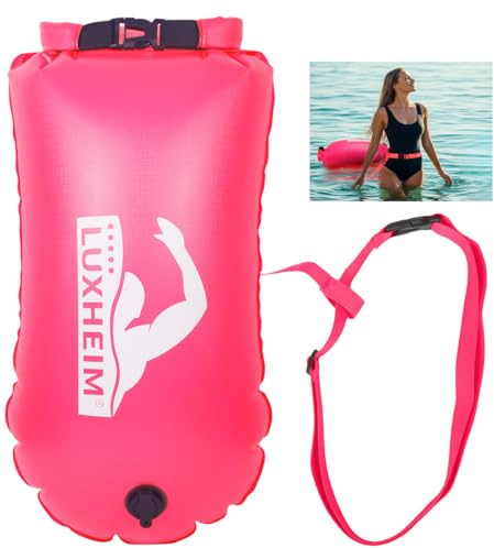 LUXHEIM 28L Schwimmboje Trockensack mit Doppelairbag, Aufblasbare Schleppschwimmer Boje für Erwachsene Freiwasser Open Water, Gut Sichtbar bis 900 Meter für Schwimmen, Triathlon, SUP, Schnorcheln