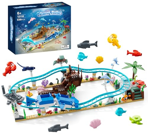 Ozean-Achterbahn, Entdeckerschiff-Bauspielzeug-Set, Tiefseeboot-Kreaturen, Meerestier-Spielzeug, Geschenke für 6, 7, 8, 9, 10, 11, 12+ Jahre alte Mädchen, Jungen, mit Verwandlungen von Hai, Delfin